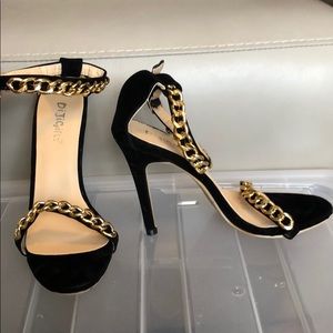 Black Suede Heels W/Gold Chain Ankle Straps